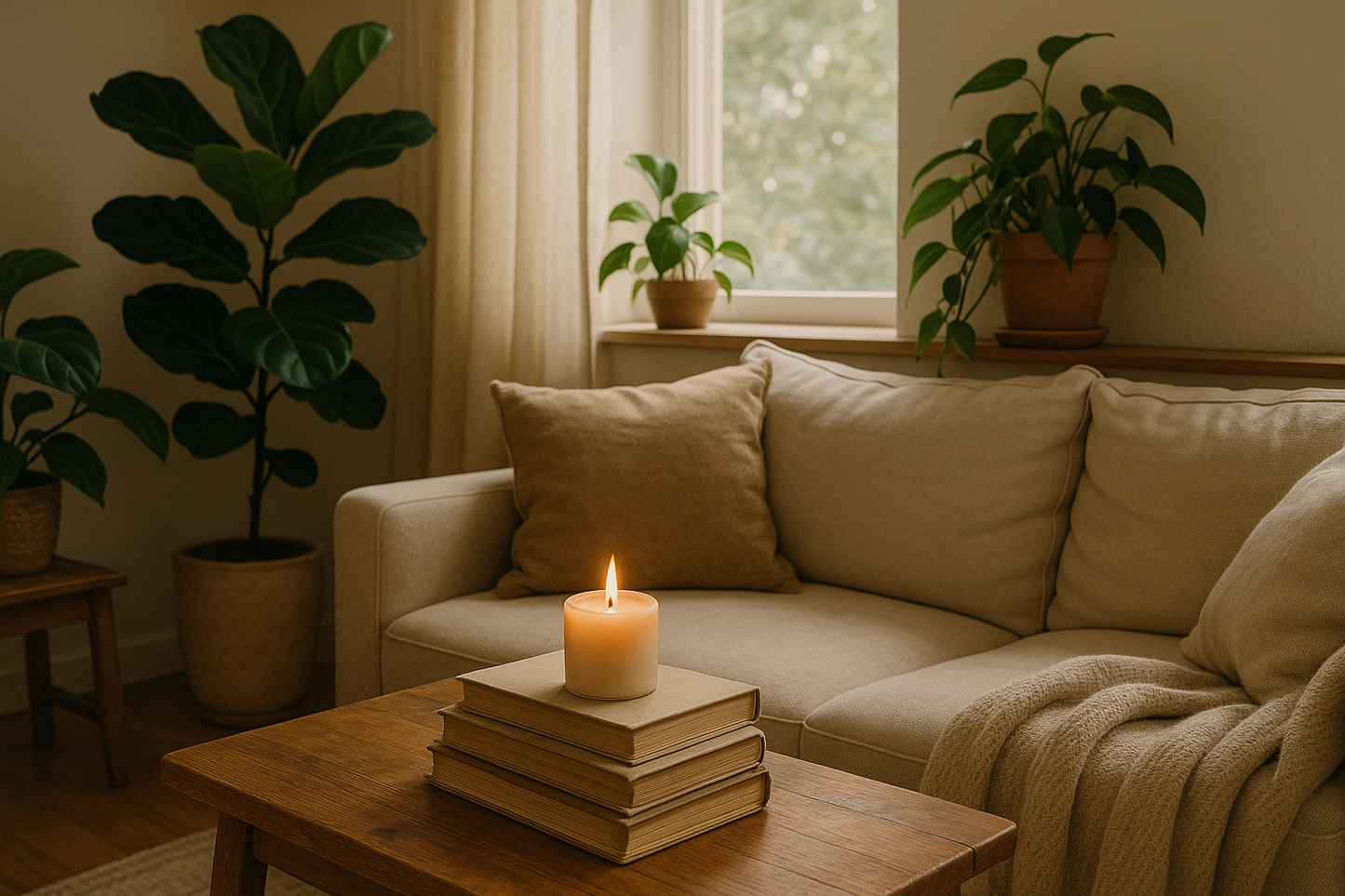 home relaxing calming natural light plants books candle